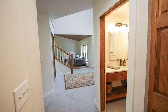 10551 Shore Dr, Merrifield, MN 56465 - corridor with stairs and baseboards
