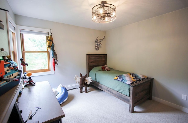 10551 Shore Dr, Merrifield, MN 56465 - carpeted bedroom featuring a chandelier and a baseboard heating unit
