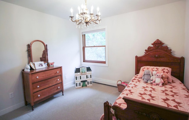 10551 Shore Dr, Merrifield, MN 56465 - bedroom with a chandelier, baseboard heating, and carpet flooring