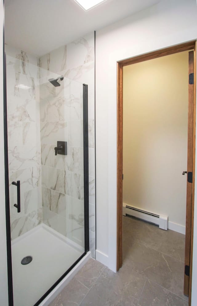 10551 Shore Dr, Merrifield, MN 56465 - full bathroom featuring a baseboard radiator, marble look tiles, and a marble finish shower