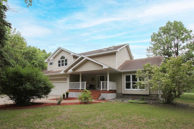 10551 Shore Dr, Merrifield, MN 56465 - view of front of home with a porch, a front lawn, a garage, and roof with shingles