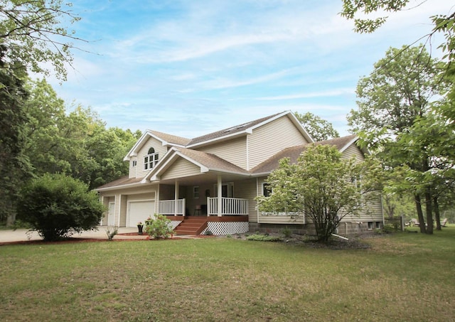 10551 Shore Dr, Merrifield, MN 56465 - view of front facade with covered porch, a front lawn, a garage, and roof with shingles