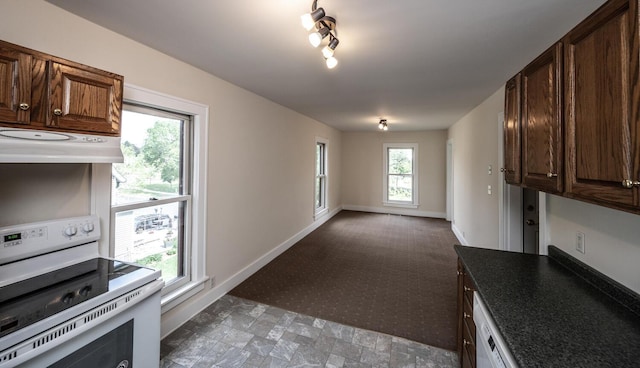 711 2nd St W, Northfield, MN 55057 - kitchen featuring electric stove, under cabinet range hood, carpet floors, baseboards, and open floor plan