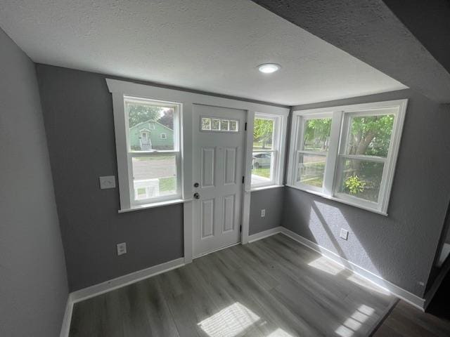 foyer featuring baseboards, wood finished floors, and a textured ceiling