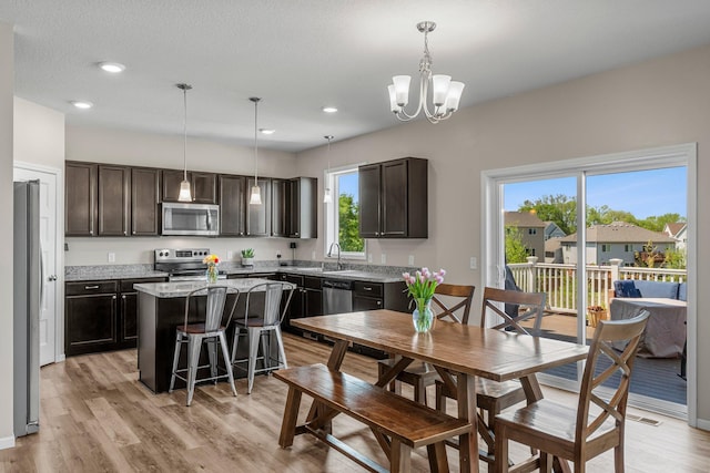kitchen featuring stainless steel appliances, a kitchen island, dark brown cabinets, a sink, and plenty of natural light
