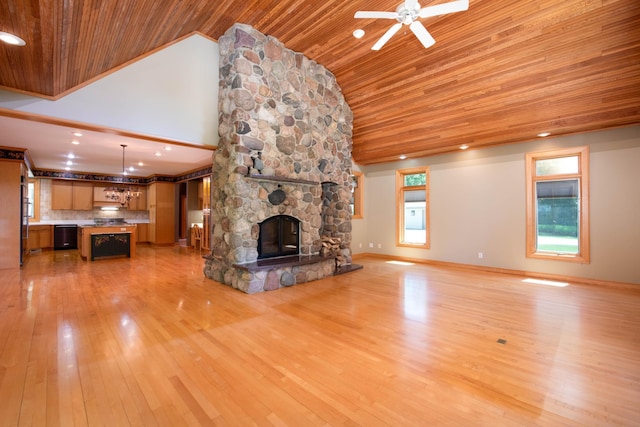 4214 Fairview Ln, Jamestown Twp, MN 56063 - unfurnished living room featuring wooden ceiling, light wood-type flooring, a stone fireplace, ceiling fan, and recessed lighting