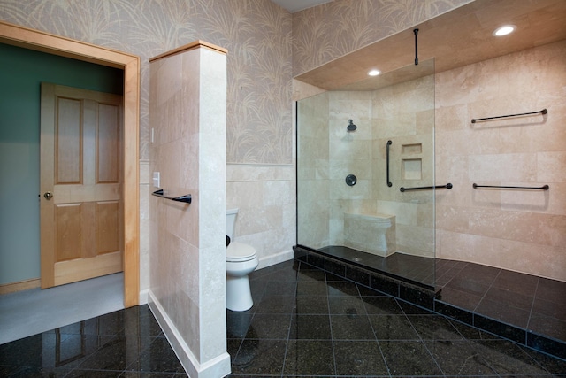 4214 Fairview Ln, Jamestown Twp, MN 56063 - bathroom featuring granite floors, wallpapered walls, toilet, walk in shower, and baseboards