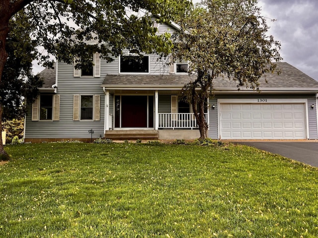 view of front facade featuring covered porch, asphalt driveway, a shingled roof, a front yard, and a garage