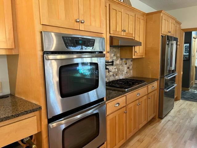 2907 Cougar Path NW, Prior Lake, MN 55372 - kitchen featuring stainless steel appliances, under cabinet range hood, light wood-style flooring, and decorative backsplash