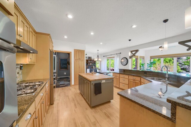 2907 Cougar Path NW, Prior Lake, MN 55372 - kitchen featuring under cabinet range hood, butcher block counters, a sink, a large island, and recessed lighting