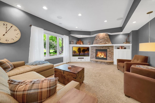 2907 Cougar Path NW, Prior Lake, MN 55372 - living area featuring light colored carpet, a fireplace, and recessed lighting
