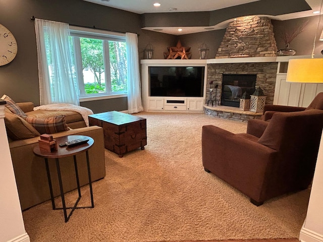 2907 Cougar Path NW, Prior Lake, MN 55372 - carpeted living room with a stone fireplace and recessed lighting