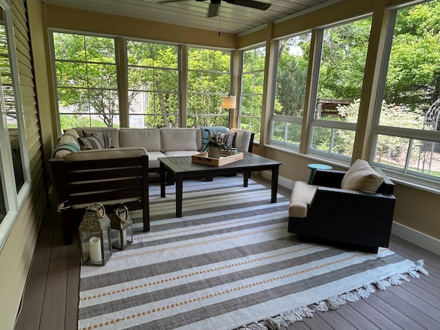 2907 Cougar Path NW, Prior Lake, MN 55372 - sunroom featuring a ceiling fan, baseboards, an outdoor living space, and hardwood / wood-style flooring