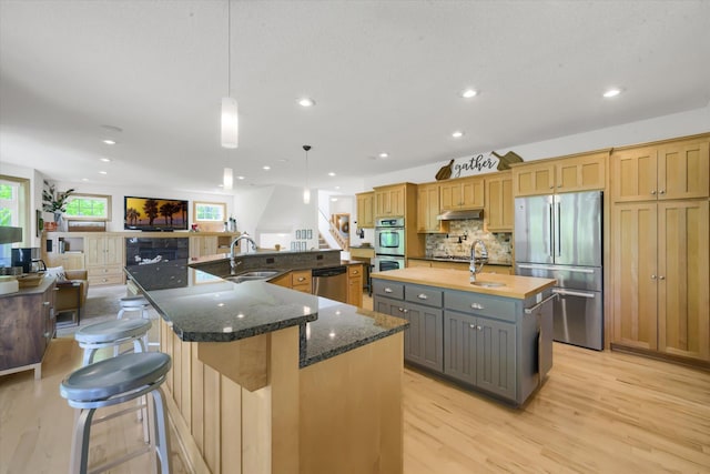2907 Cougar Path NW, Prior Lake, MN 55372 - kitchen with stainless steel appliances, a large island with sink, a sink, light wood-type flooring, and under cabinet range hood
