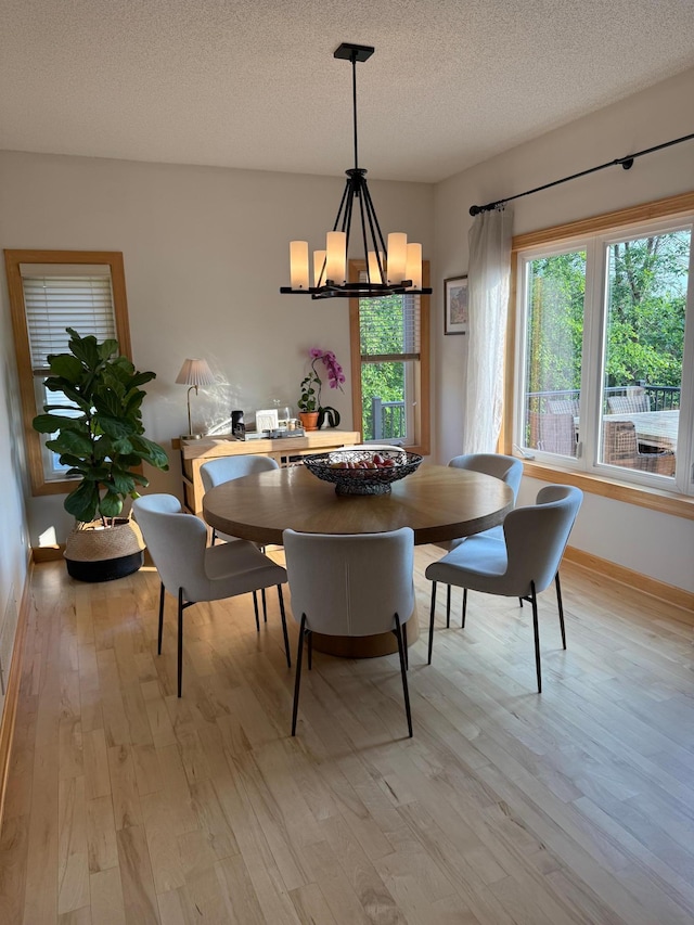 2907 Cougar Path NW, Prior Lake, MN 55372 - dining space with light wood finished floors, baseboards, a textured ceiling, and a chandelier