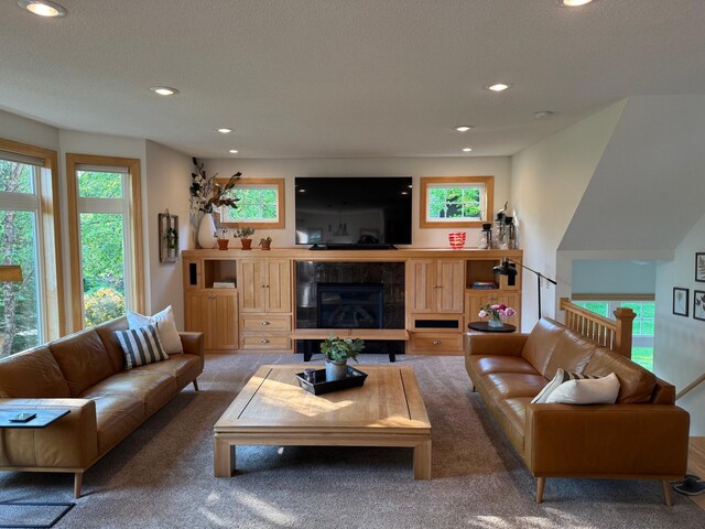 2907 Cougar Path NW, Prior Lake, MN 55372 - living area featuring carpet, recessed lighting, and a fireplace