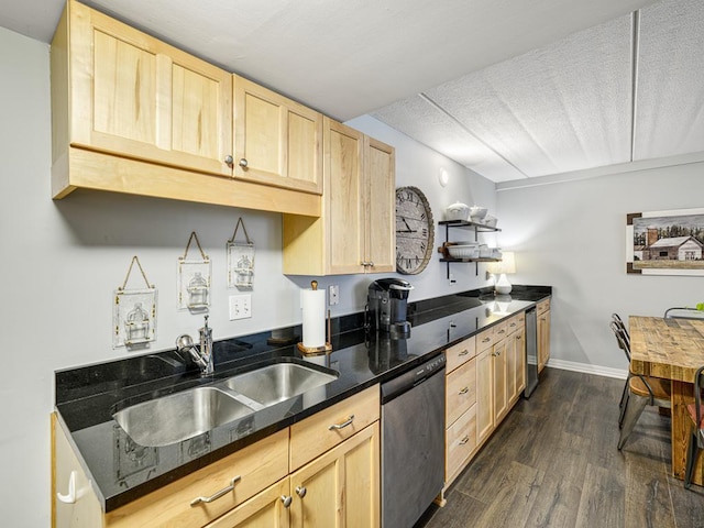 2700 44th St Unit 116, Minneapolis, MN 55410 - kitchen featuring dishwasher, light brown cabinetry, dark wood-style flooring, baseboards, and dark stone countertops