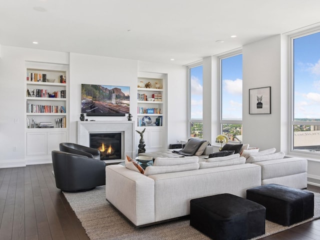 1111 River Pkwy Unit 33A, Minneapolis, MN 55415 - living area featuring dark wood-style floors, a glass covered fireplace, and built in shelves
