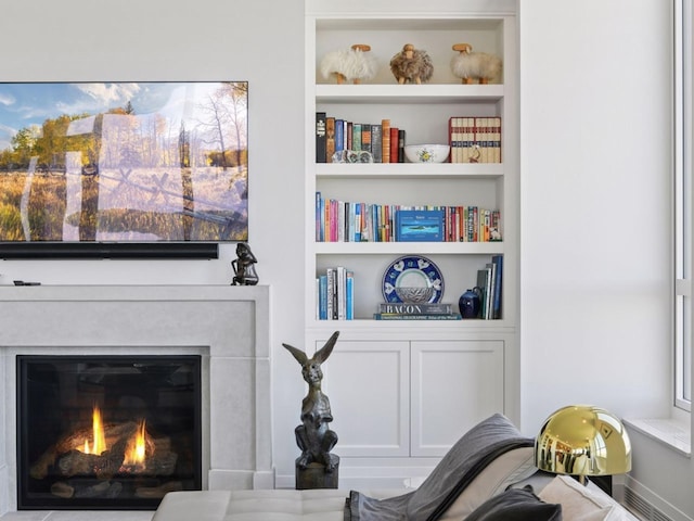 1111 River Pkwy Unit 33A, Minneapolis, MN 55415 - living area with a glass covered fireplace and built in features