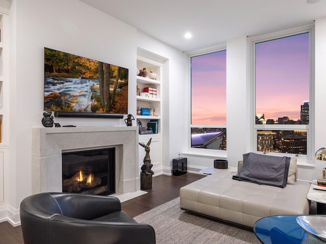 1111 River Pkwy Unit 33A, Minneapolis, MN 55415 - living area featuring dark wood-style floors, a fireplace with flush hearth, built in features, recessed lighting, and baseboards
