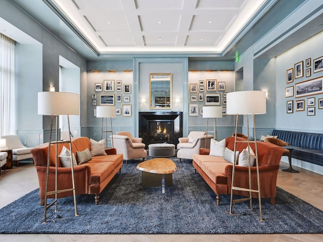1111 River Pkwy Unit 33A, Minneapolis, MN 55415 - common area featuring coffered ceiling, beam ceiling, and a wainscoted wall