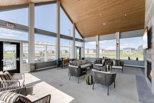 17090 Dimension Ave, Lakeville, MN 55044 - sunroom with an outdoor living space with a fireplace, high vaulted ceiling, and wooden ceiling
