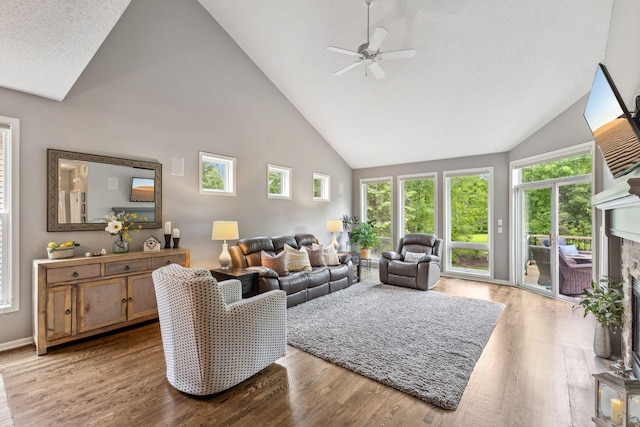 18764 Farmstead Cir, Eden Prairie, MN 55347 - living area featuring high vaulted ceiling, ceiling fan, wood finished floors, a fireplace, and baseboards