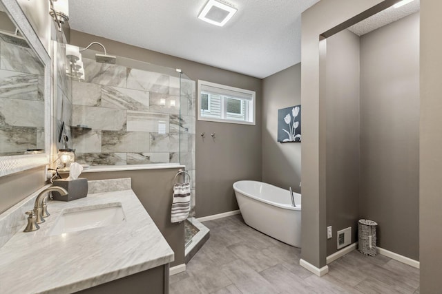 18764 Farmstead Cir, Eden Prairie, MN 55347 - full bath featuring a walk in shower, vanity, a soaking tub, baseboards, and a textured ceiling