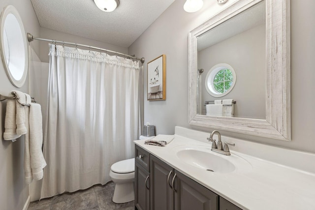 18764 Farmstead Cir, Eden Prairie, MN 55347 - full bathroom with vanity, toilet, a textured ceiling, and a shower with shower curtain
