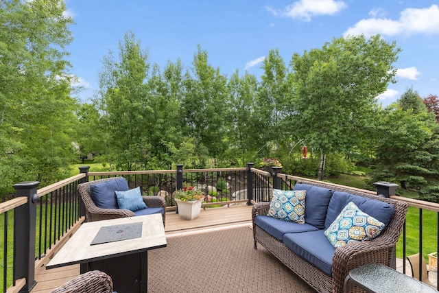 18764 Farmstead Cir, Eden Prairie, MN 55347 - deck featuring an outdoor living space and view of scattered trees