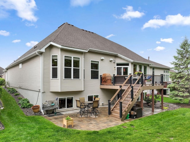 18764 Farmstead Cir, Eden Prairie, MN 55347 - rear view of house featuring a deck, a patio area, a yard, and stairway