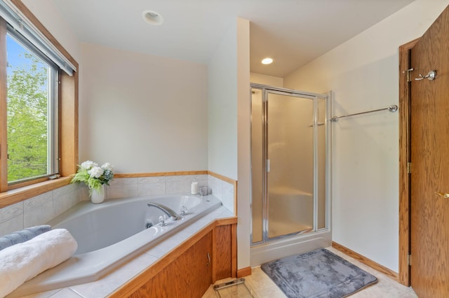 4975 Maribe Dr, Hermantown, MN 55811 - full bath with a shower stall, a garden tub, tile patterned floors, and recessed lighting