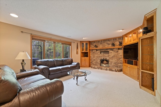 4975 Maribe Dr, Hermantown, MN 55811 - living area with carpet, a textured ceiling, a fireplace, built in shelves, and recessed lighting