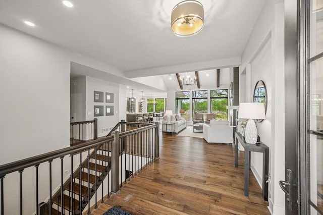 202 176th Ln NE, Ham Lake, MN 55304 - hall with a chandelier, an upstairs landing, wood finished floors, and recessed lighting