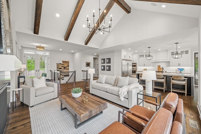 202 176th Ln NE, Ham Lake, MN 55304 - living room with dark wood-type flooring, a chandelier, recessed lighting, beam ceiling, and high vaulted ceiling