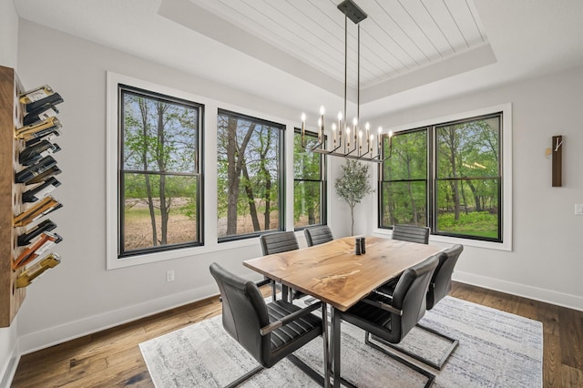 202 176th Ln NE, Ham Lake, MN 55304 - dining room with a tray ceiling, baseboards, a chandelier, and dark wood finished floors