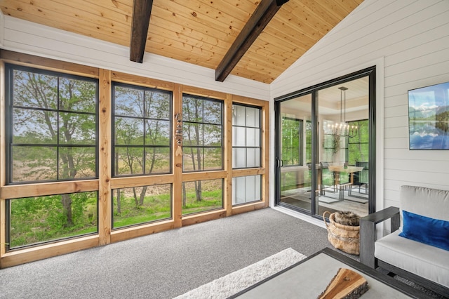 202 176th Ln NE, Ham Lake, MN 55304 - sunroom / solarium featuring carpet, wood ceiling, wooden walls, and a chandelier