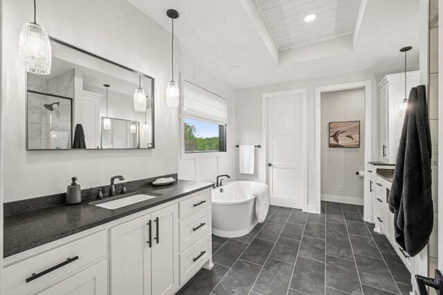 202 176th Ln NE, Ham Lake, MN 55304 - full bathroom featuring a freestanding bath, vanity, a raised ceiling, tiled shower, and baseboards
