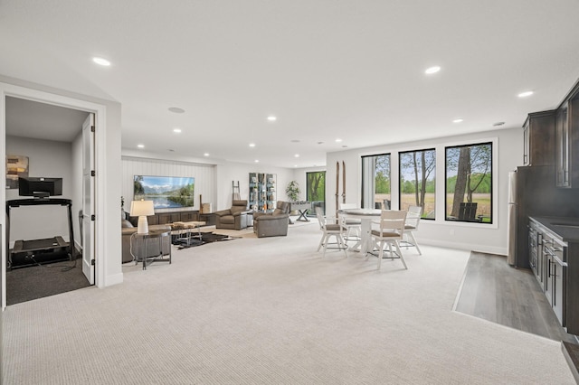 202 176th Ln NE, Ham Lake, MN 55304 - dining space with recessed lighting, light carpet, baseboards, and plenty of natural light