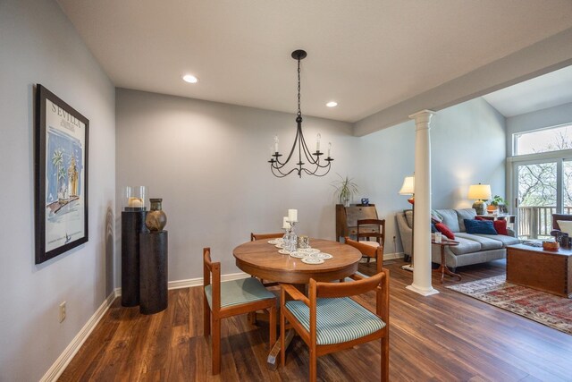 2513 Aspen Ln SW, Rochester, MN 55902 - dining area with dark wood-style flooring, baseboards, recessed lighting, a chandelier, and ornate columns