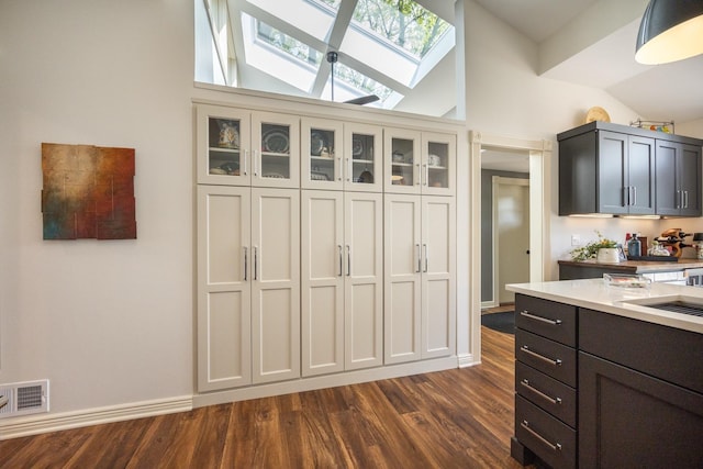 2513 Aspen Ln SW, Rochester, MN 55902 - kitchen with a skylight, dark wood finished floors, light countertops, vaulted ceiling, and glass insert cabinets