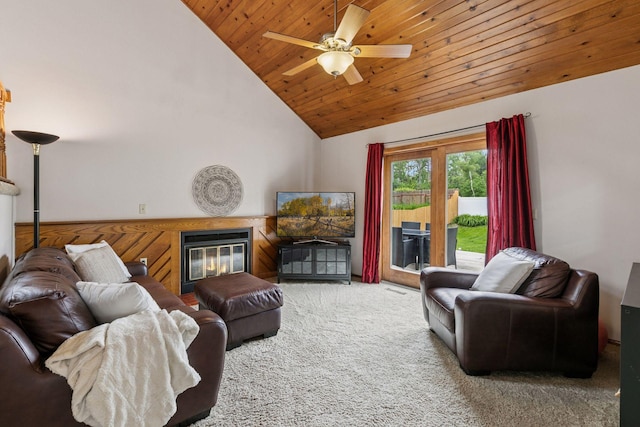 1039 Briar Creek Rd, Eagan, MN 55123 - carpeted living area featuring wood ceiling, a glass covered fireplace, a ceiling fan, and high vaulted ceiling