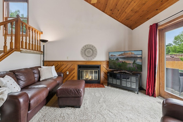 1039 Briar Creek Rd, Eagan, MN 55123 - living room with lofted ceiling, wooden ceiling, carpet flooring, and a fireplace with flush hearth