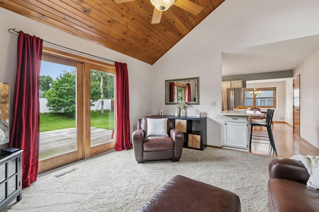 1039 Briar Creek Rd, Eagan, MN 55123 - living room with light colored carpet, a chandelier, baseboards, wood ceiling, and ceiling fan