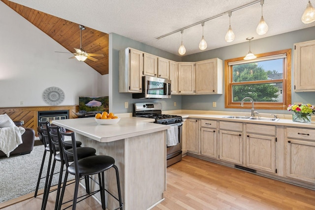 1039 Briar Creek Rd, Eagan, MN 55123 - kitchen featuring appliances with stainless steel finishes, light brown cabinetry, a sink, a kitchen breakfast bar, and a peninsula