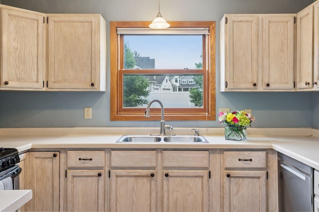 1039 Briar Creek Rd, Eagan, MN 55123 - kitchen with light brown cabinetry, a sink, dishwasher, and light countertops