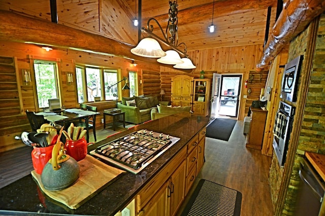 17377 Paradise Shores Rd, Maple Grove Twp, MN 56401 - kitchen featuring stainless steel appliances, open floor plan, rustic walls, wood finished floors, and wooden walls