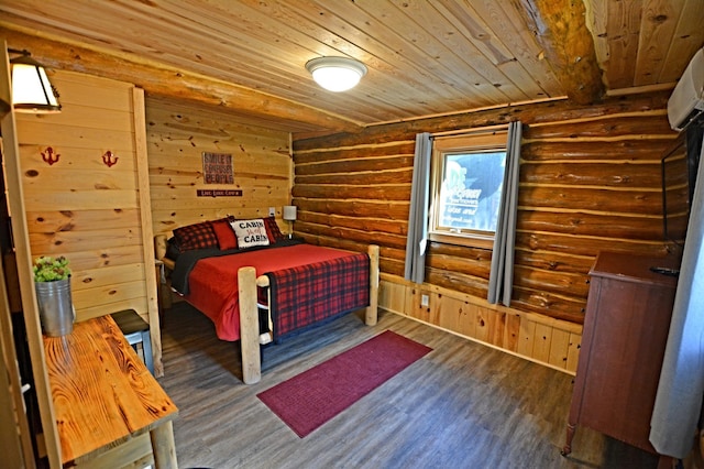 17377 Paradise Shores Rd, Maple Grove Twp, MN 56401 - bedroom featuring wood ceiling, wood finished floors, and rustic walls