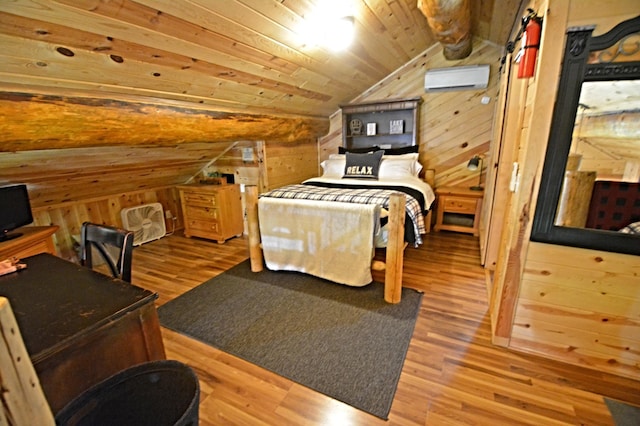 17377 Paradise Shores Rd, Maple Grove Twp, MN 56401 - bedroom featuring wooden walls, vaulted ceiling, wood ceiling, an AC wall unit, and wood finished floors