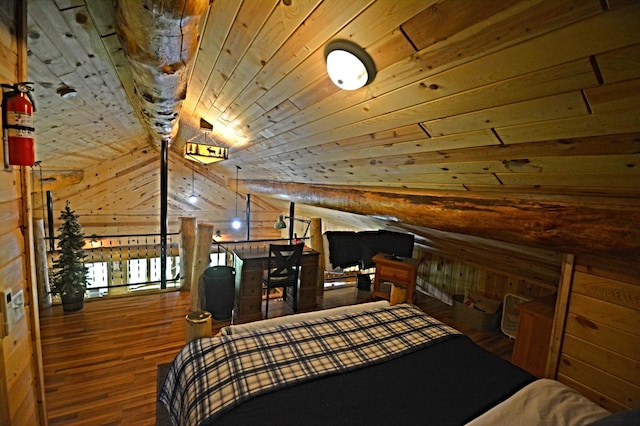 17377 Paradise Shores Rd, Maple Grove Twp, MN 56401 - bedroom featuring wood finished floors, wooden ceiling, and lofted ceiling
